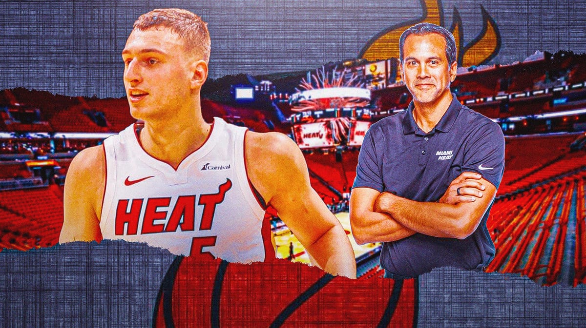 Heat’s Nikola Jovic in front. Place the Miami Heat’s logo and Erik Spoelstra in background