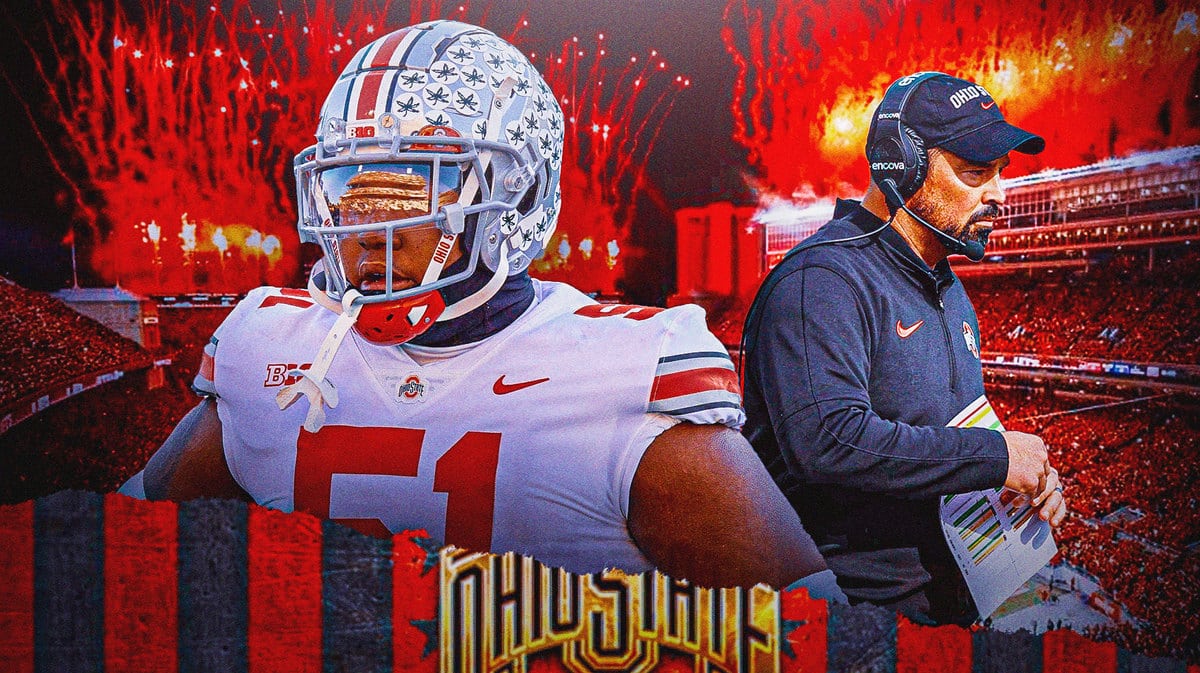 Photo: Michael Hall Jr. with Ohio State gear and Ryan Day with Ohio State gear next to him