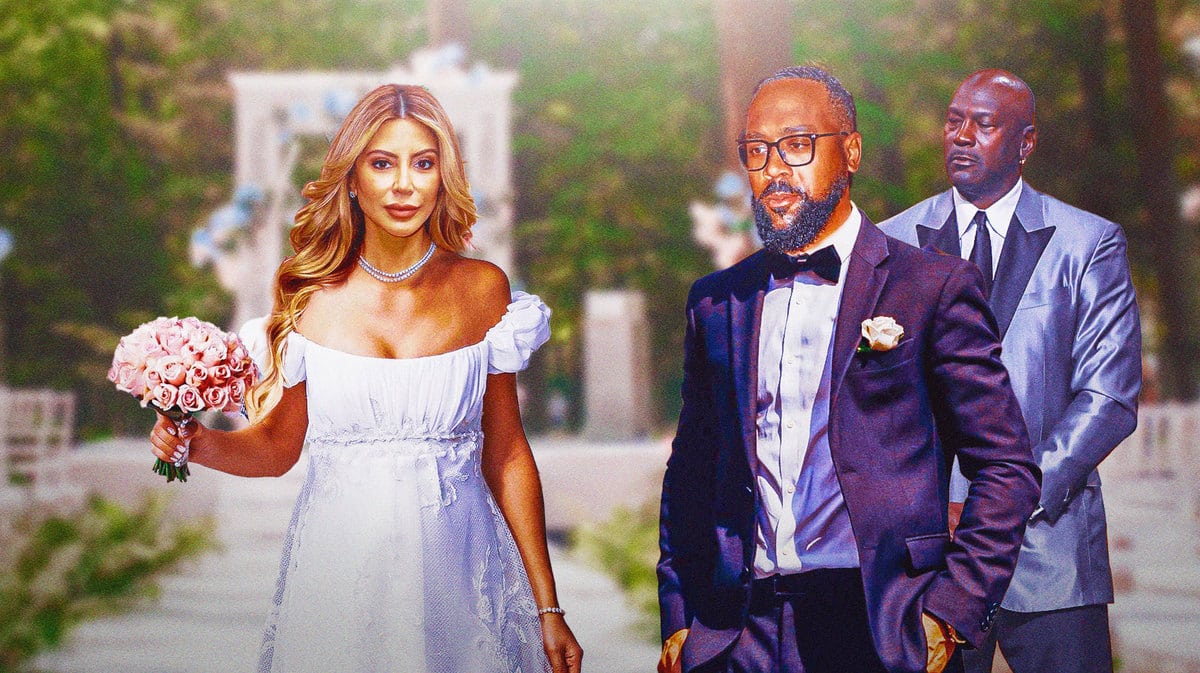 Michael Jordan, Marcus Jordan in suits, Larsa Pippen on other side as a bride walking down the aisle