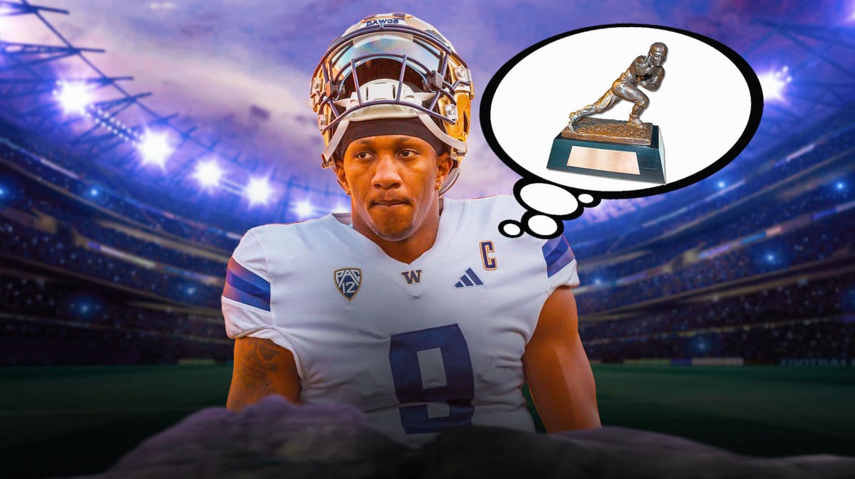 Michael Penix Jr with a thought bubble above his head. Have the Heisman Trophy in the bubble