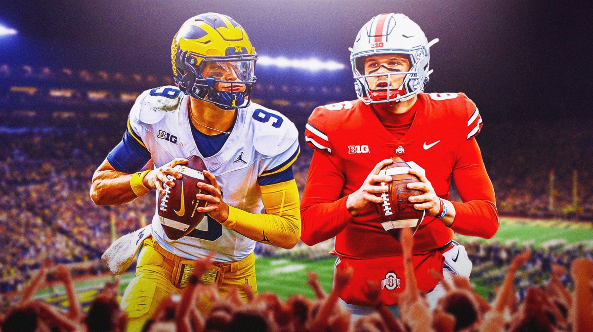 JJ McCarthy (in Michigan football uni) and Kyle McCord (in Ohio State uni) with Michigan football stadium in the background.