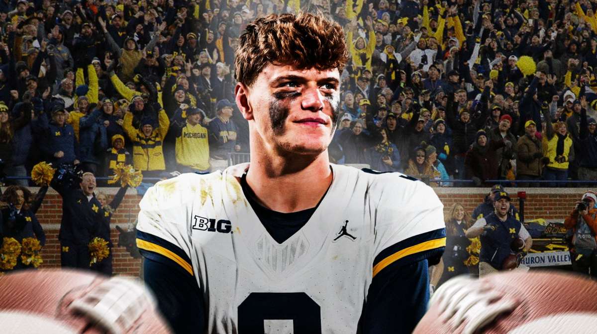 Michigan football, Wolverines, Jim Harbaugh, JJ McCarthy, Ohio State, JJ McCarthy with Michigan football stadium in the background