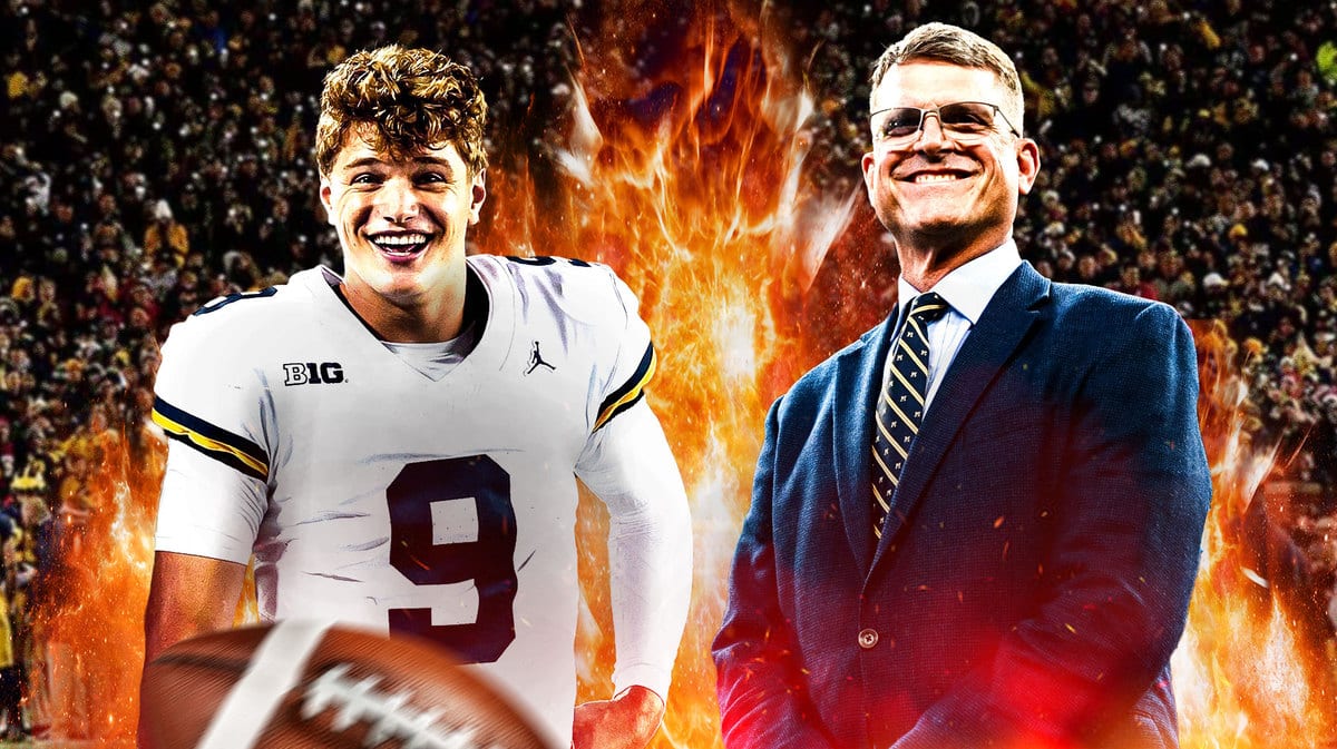 Michigan football QB JJ McCarthy and HC Jim Harbaugh surrounded by fire