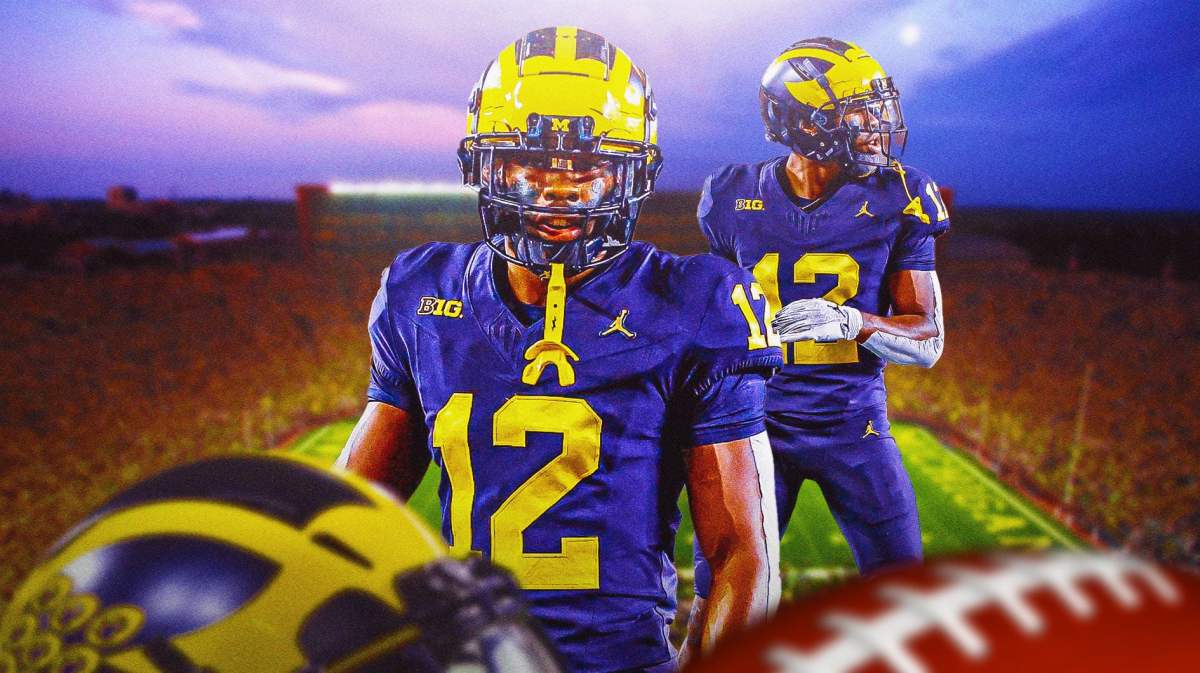 Michigan football, Wolverines, Penn State football, Steve Clinkscale, Josh Wallace, Josh Wallace in Michigan uni with Michigan football stadium in the background
