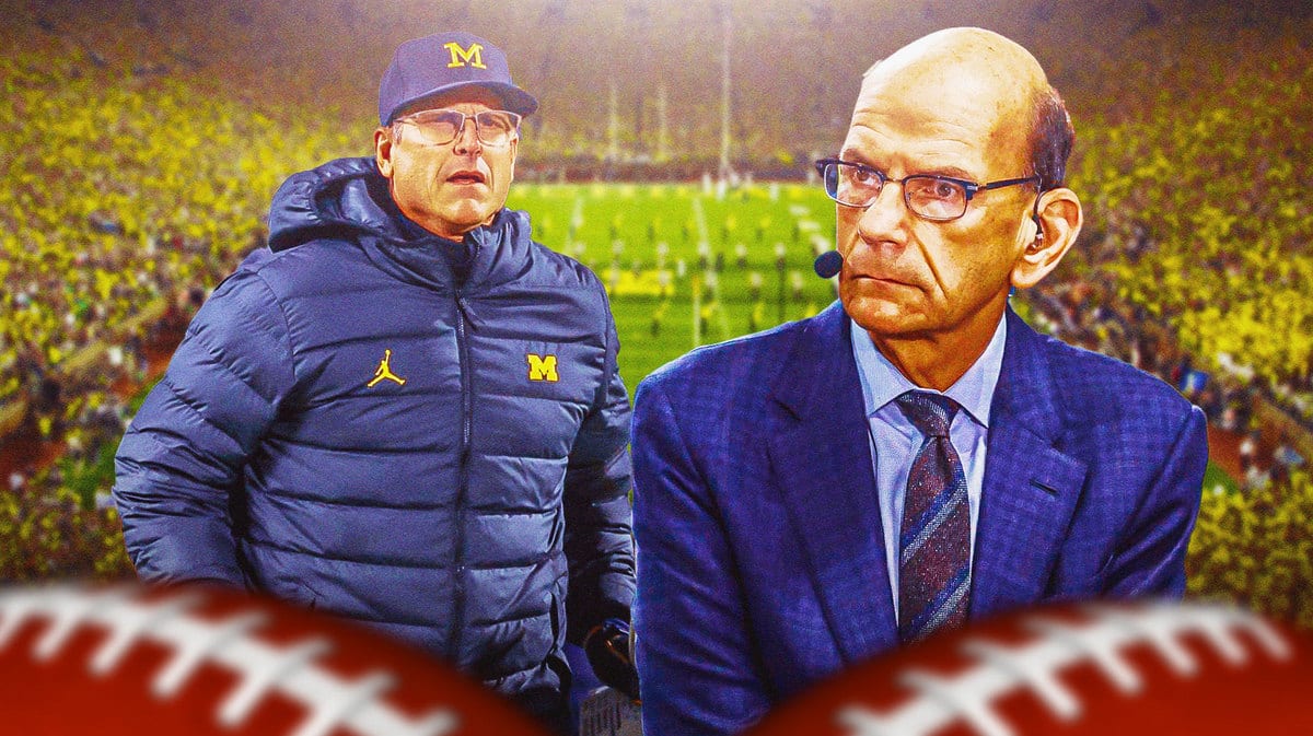 Michigan football, Wolverines, Jim Harbaugh, Paul Finebaum, Connor Stalions, Paul Finebaum and Jim Harbaugh with Michigan football stadium in the background