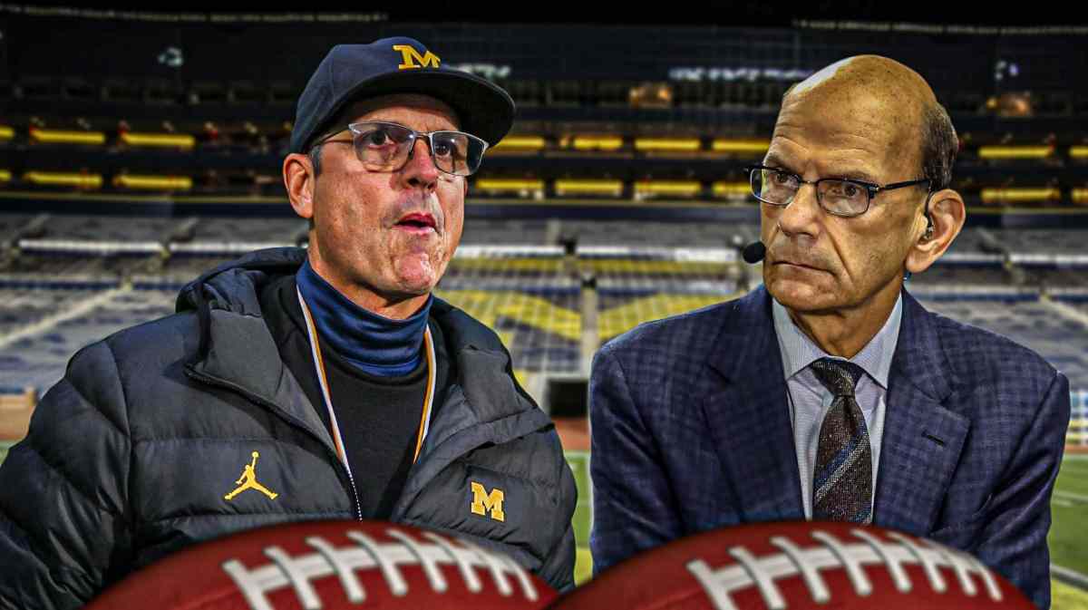 Michigan football, Wolverines, Paul Finebaum, Jim Harbaugh, Sherrone Moore, Paul Finebaum and Jim Harbaugh with Michigan football stadium in the background