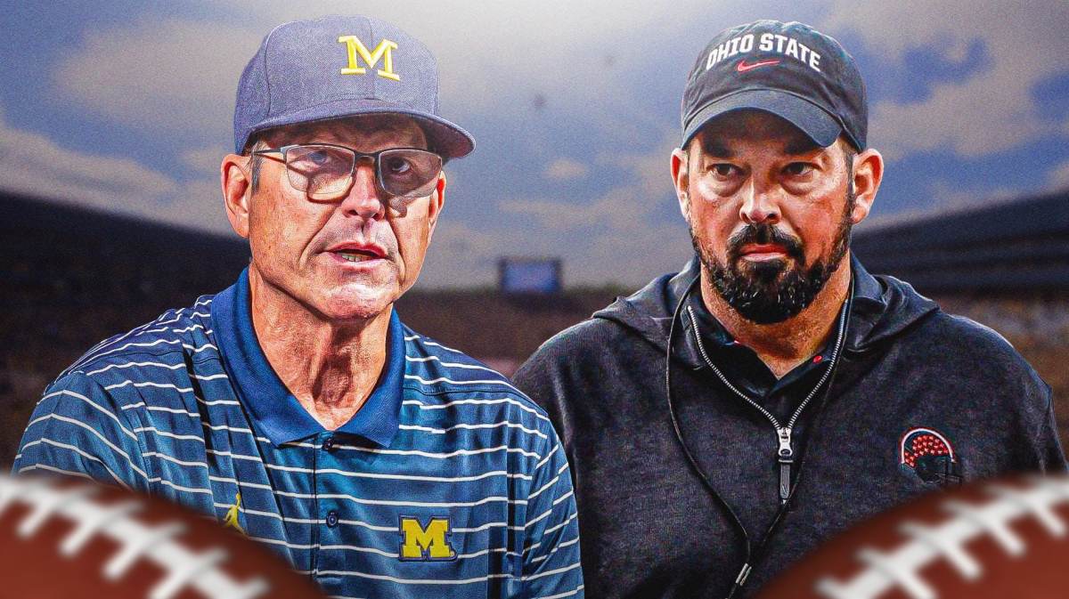 Michigan football, Ohio State football, Wolverines, Buckeyes, Kirk Campbell, Jim Harbaugh and Ryan Day with Michigan football stadium in the background
