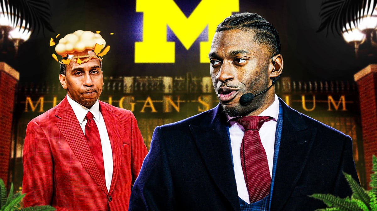 Robert Griffin III with fire coming out his mouth. Stephen A. Smith with mind-blown head. Michigan football’s logo in the background