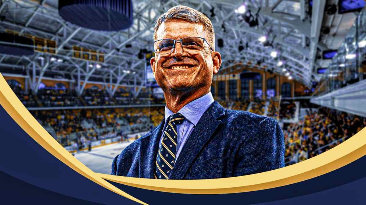 Michigan football, Penn State football, Wolverines, Jim Harbaugh, Michigan hockey, Jim Harbaugh with Yost Ice Hockey Arena in the background
