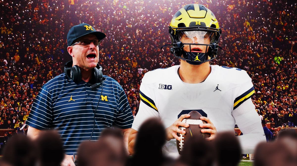 Michigan football head coach Jim Harbaugh and QB JJ McCarthy