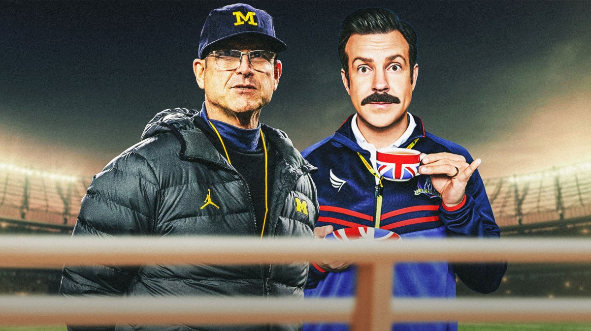 Michigan football, Jim Harbaugh, Ted Lasso, Wolverines, Ohio State football, Jim Harbaugh and Ted Lasso with Michigan football stadium in the background