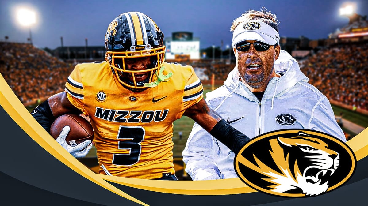 Luther Burden and Eliah Drinkwitz with the Missouri Tigers logo in the background