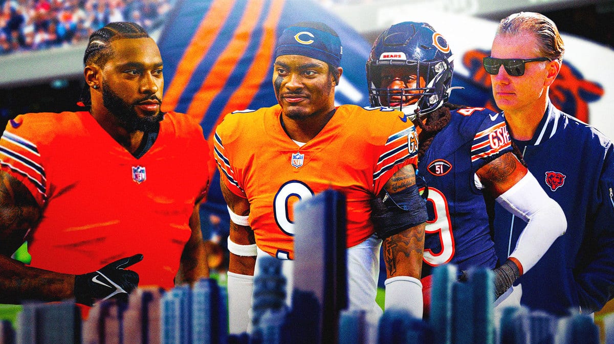 Bears Montez Sweat looking at Jaquan Brisker and Matt Eberflus.