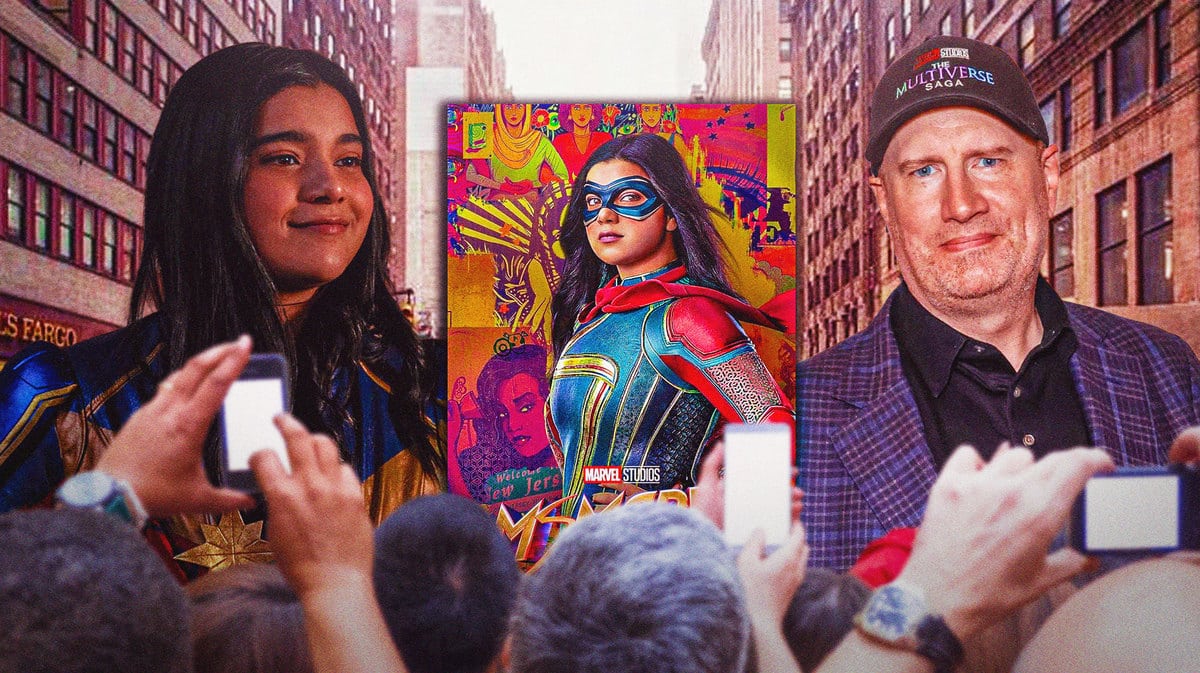 Iman Vellani as Ms. Marvel next to poster and Kevin Feige.