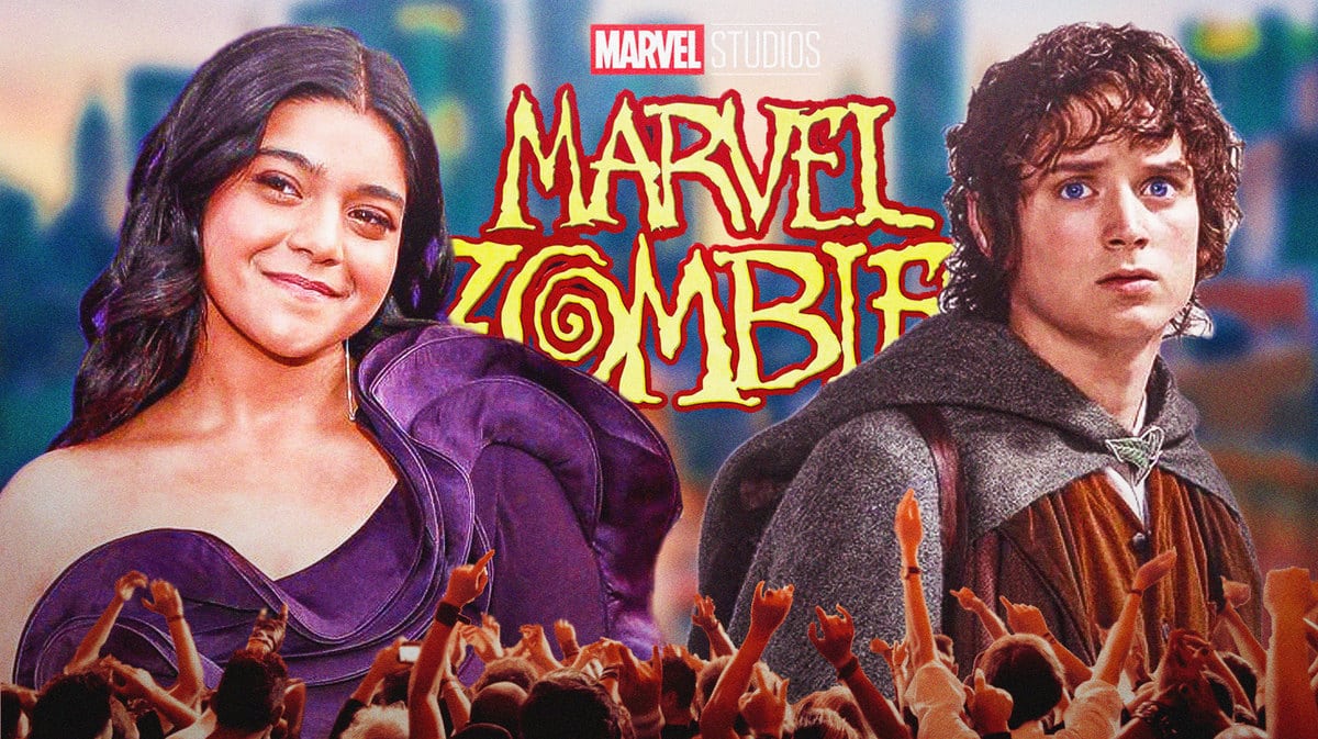 Ms. Marvel star Iman Vellani next to Frodo from The Lord of the Rings in front of MCU Marvel Zombies logo.