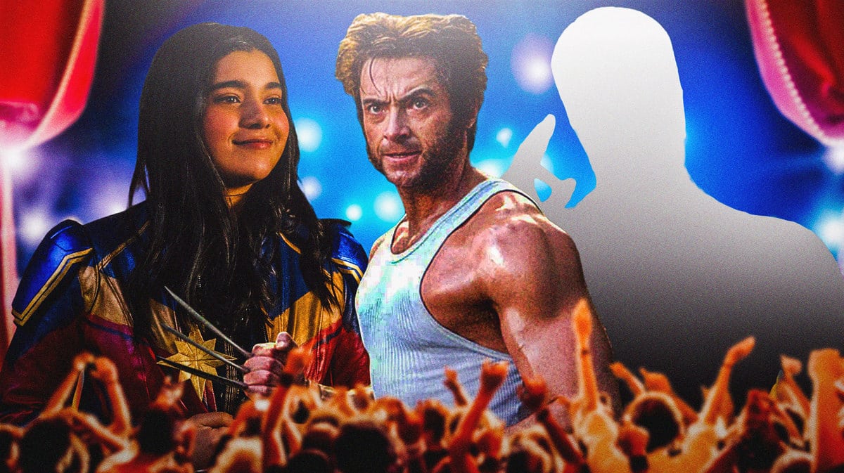 Ms Marvel (Iman Vellani) next to Hugh Jackman Wolverine and Tobey Maguire Spider-Man.