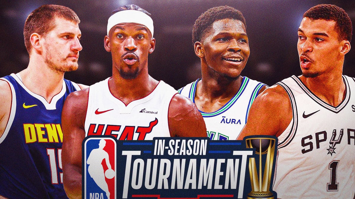 Jimmy Butler, Nikola Jokic, Anthony Edwards, Victor Wembanyama all together. In-Season Tournament logo in the front.