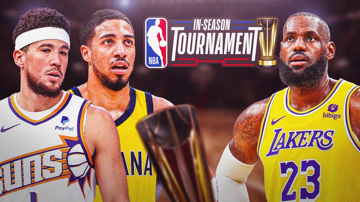 LeBron James, Devin Booker, and Tyrese Haliburton staring at NBA In-Season Tournament trophy