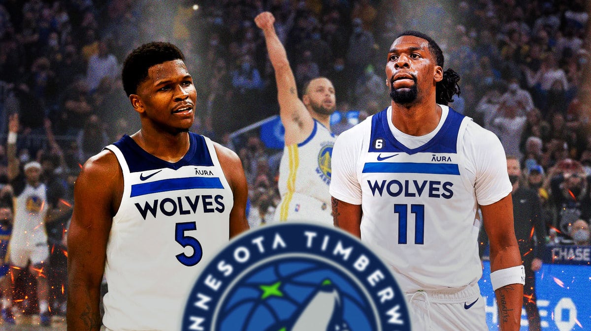 Timberwolves' Anthony Edwards, Naz Reid with Warriors star Stephen Curry in the background