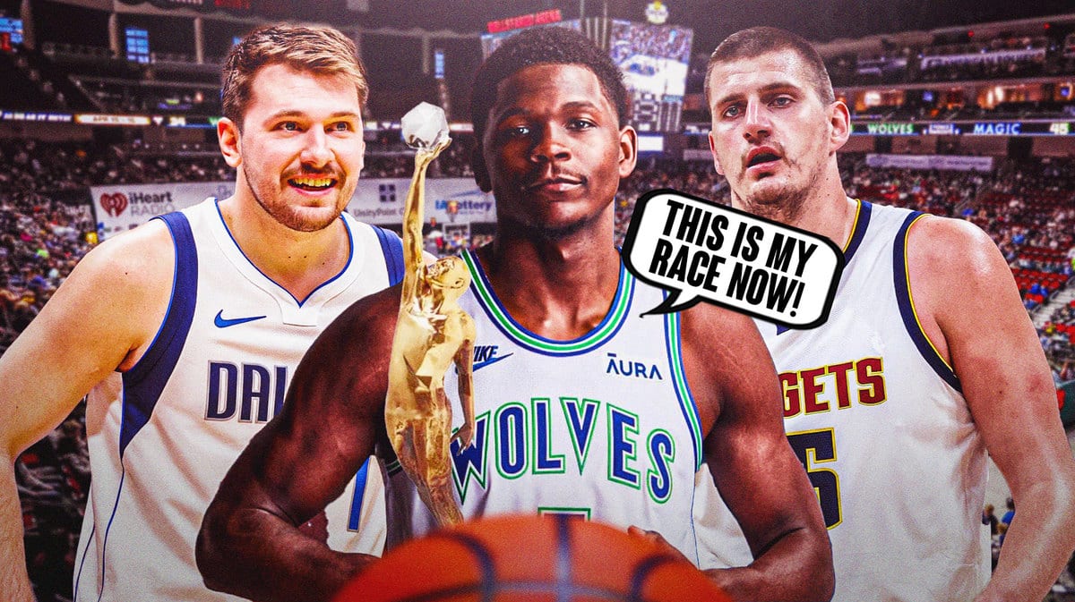 Anthony Edwards saying "This is my race now" next to Luka Doncic and Nikola Jokic