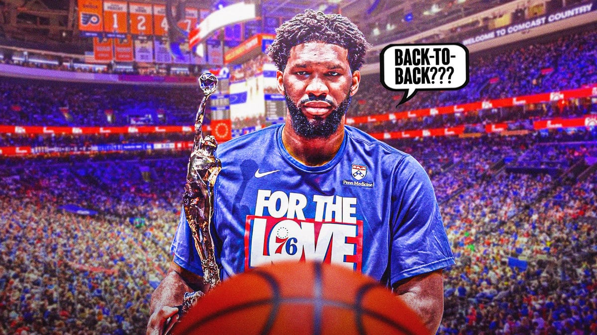 Sixers' Joel Embiid saying "back-to-back???" while holding the MVP trophy
