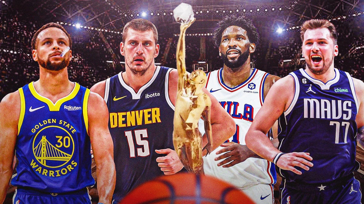 Stephen Curry, Nikola Jokic, Joel Embiid and Luka Doncic with NBA MVP trophy