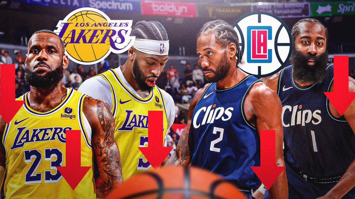Lakers' Anthony Davis and LeBron James next to Clippers' Kawhi Leonard and James Harden with red downward arrows