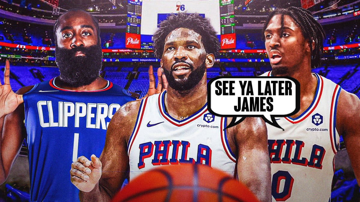 Sixers Joel Embiid and Tyrese Maxey saying "See ya later James" to Clippers' James Harden