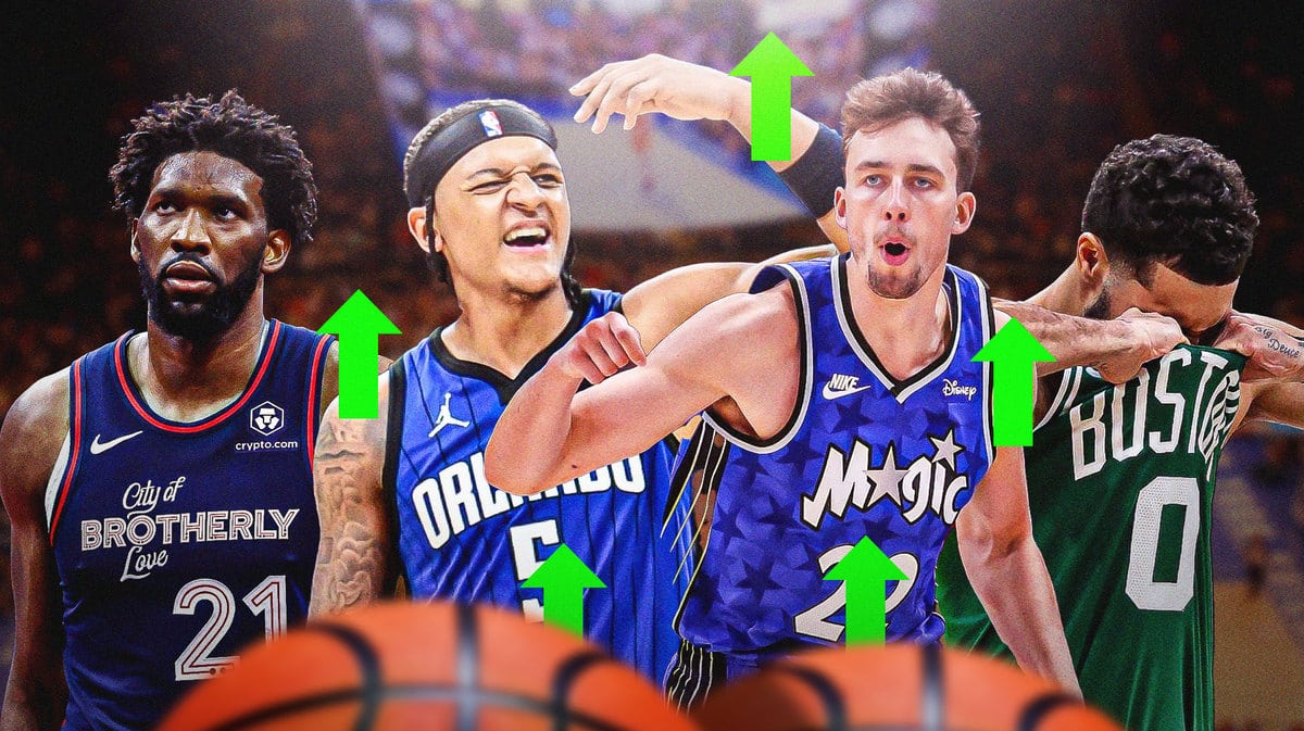 Paolo Banchero and Franz Wagner with green arrows point up next to Joel Embiid and Jayson Tatum