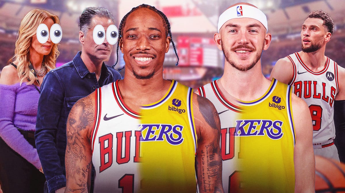 Photo: Jeanie Buss, Rob Pelinka with peeping eyes looking at DeMar DeRozan, Alex Caruso in half Bulls, half Lakers jerseys, have Zach LaVine in the background