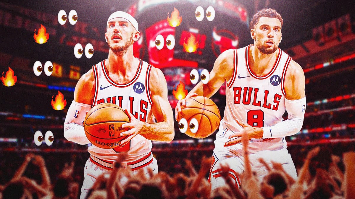 Alex Caruso with fire and eye emojis around him, Zach LaVine beside him as well, both in Bulls jerseys in action