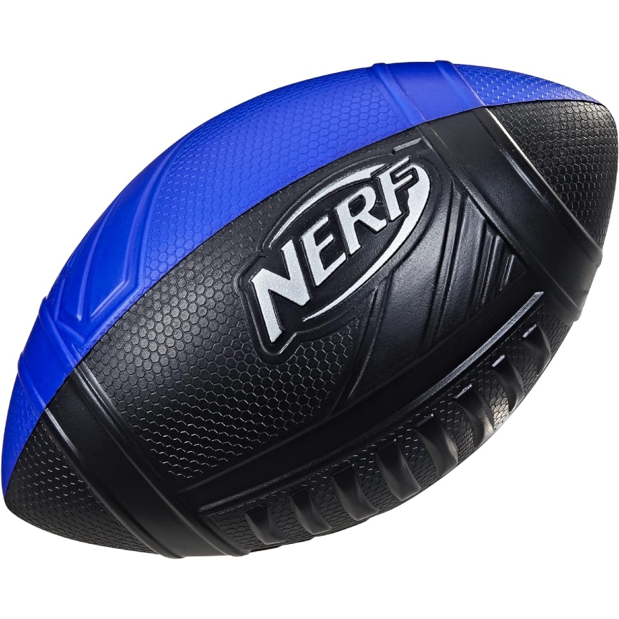 NERF Pro Grip Football - Black/Blue colored on a white background.