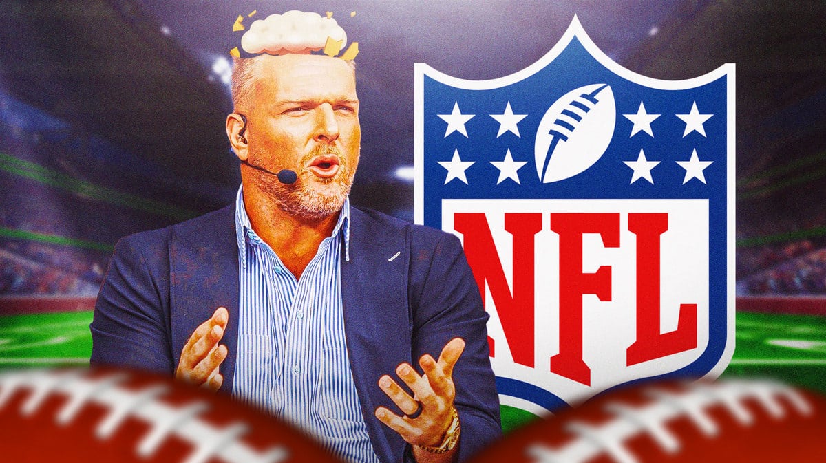 Pat McAfee with his mind blown standing next to the NFL logo