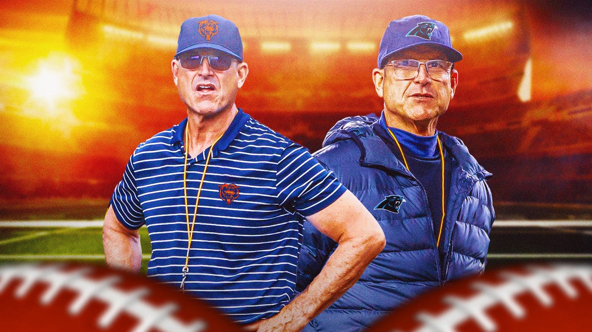 Michigan football coach Jim Harbaugh in Bears and Panthers hats.