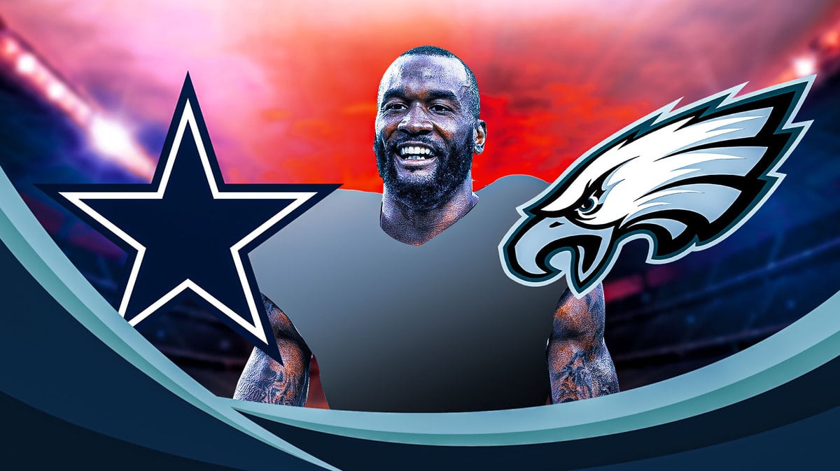 Shaquille Leonard in a blank jersey the middle with Eagles and Cowboys logo on either side of him