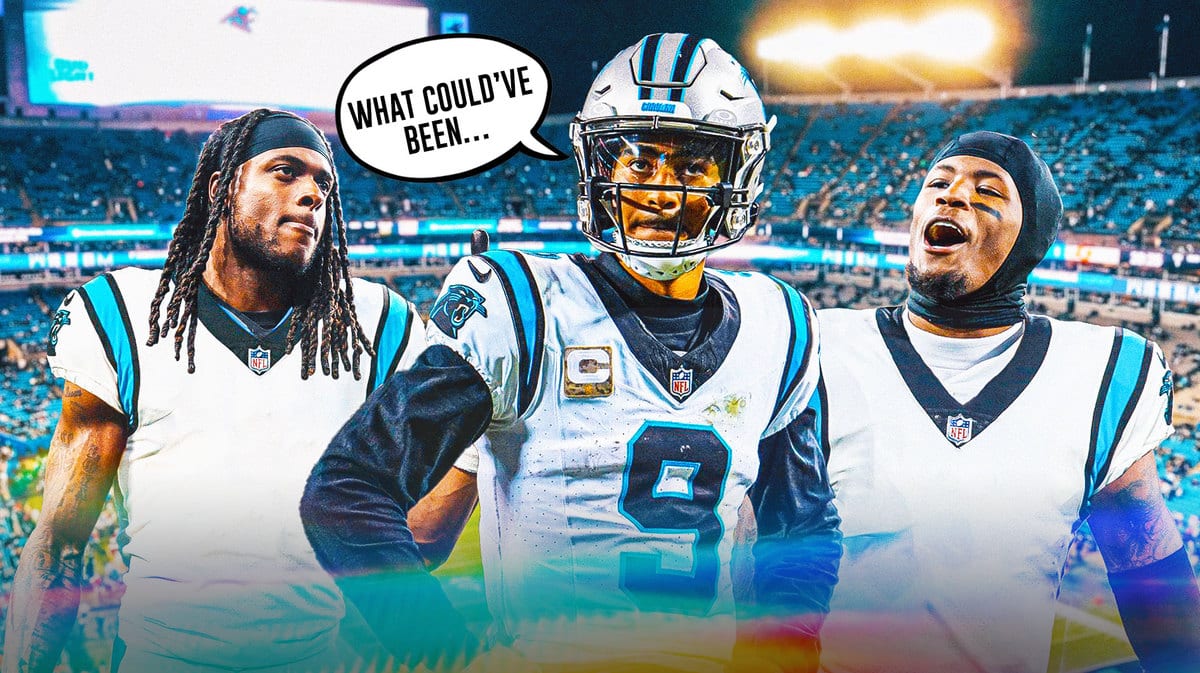 Thumb: Bryce Young thinkingwith speech bubble saying, “What could’ve been…”. Tee higgins, Davante Adams in Panthers jersey.