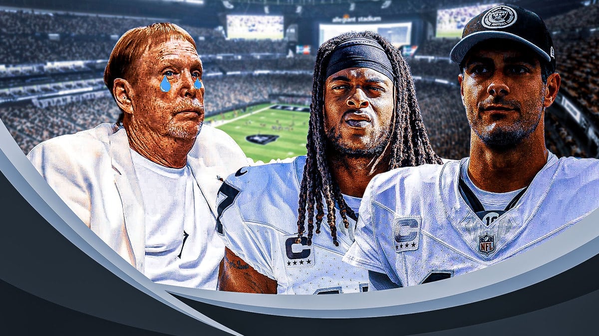 Raiders owner Mark Davis with animated tears. Davante Adams, Jimmy Garoppolo looking serious