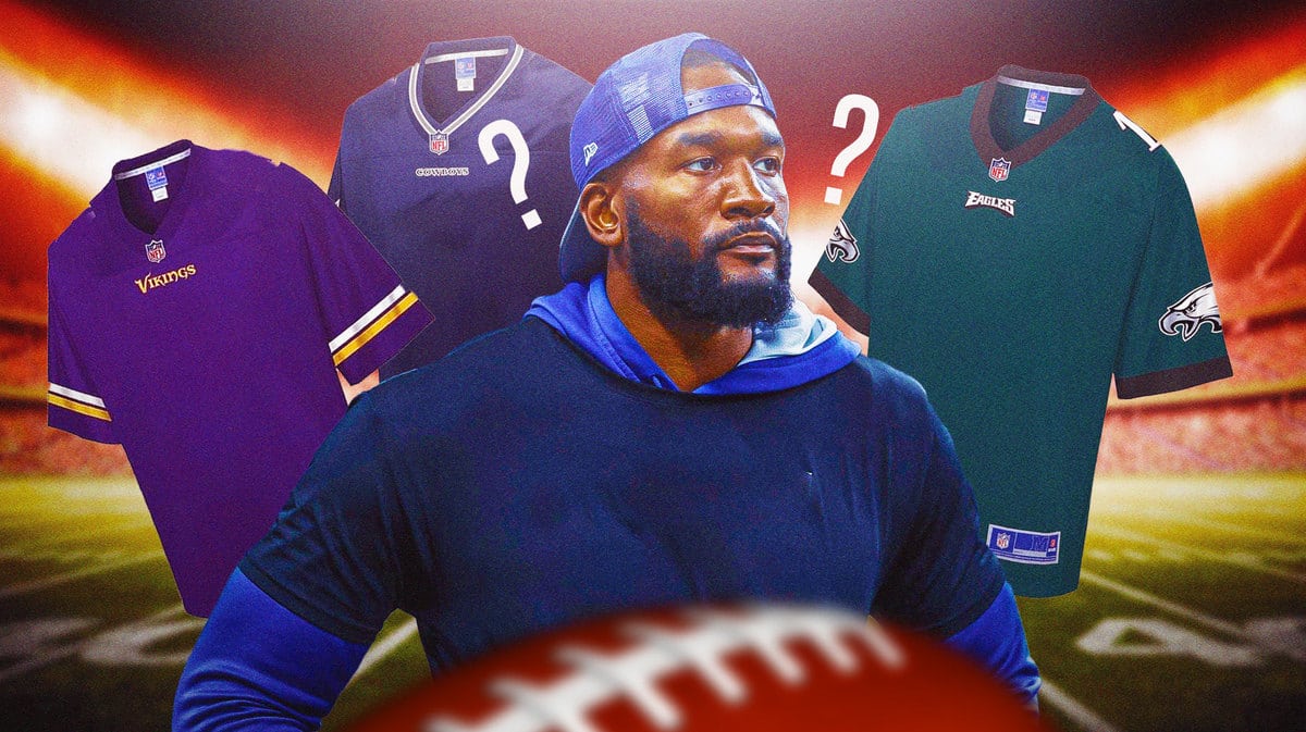 Photo: Shaq Leonard with Vikings, Eagles, and Cowboys jersey behind him and a question mark