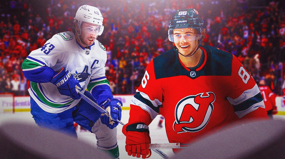 Jack Hughes smiling in a Devils jersey next to Quinn Hughes in a Canucks jersey