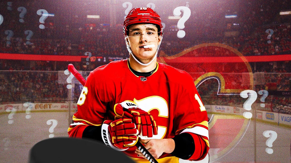 Calgary Flames defenseman Nikita Zadorov, who is reportedly open to trades to the New Jersey Devils and Toronto Maple Leafs, at the Scotiabank Saddledome in Calgary