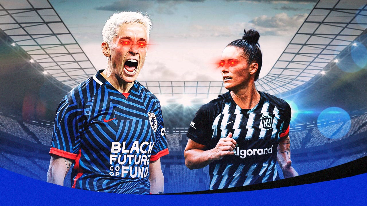 NWSL player Megan Rapinoe on one side of the picture, NWSL player Ali Krieger on the other side of the image. The background is soccer field. Both players have the red laser eyes