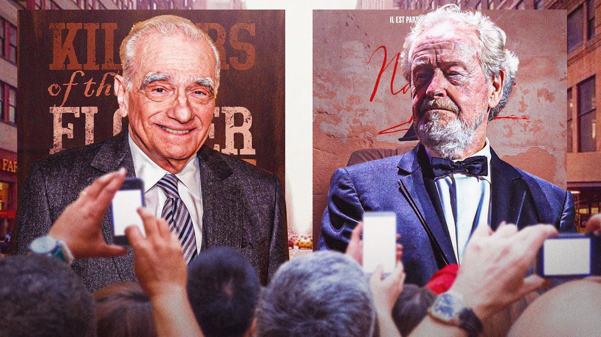 Martin Scorsese and Ridley Scott in front of Killers of the Flower Moon and Napoleon posters.