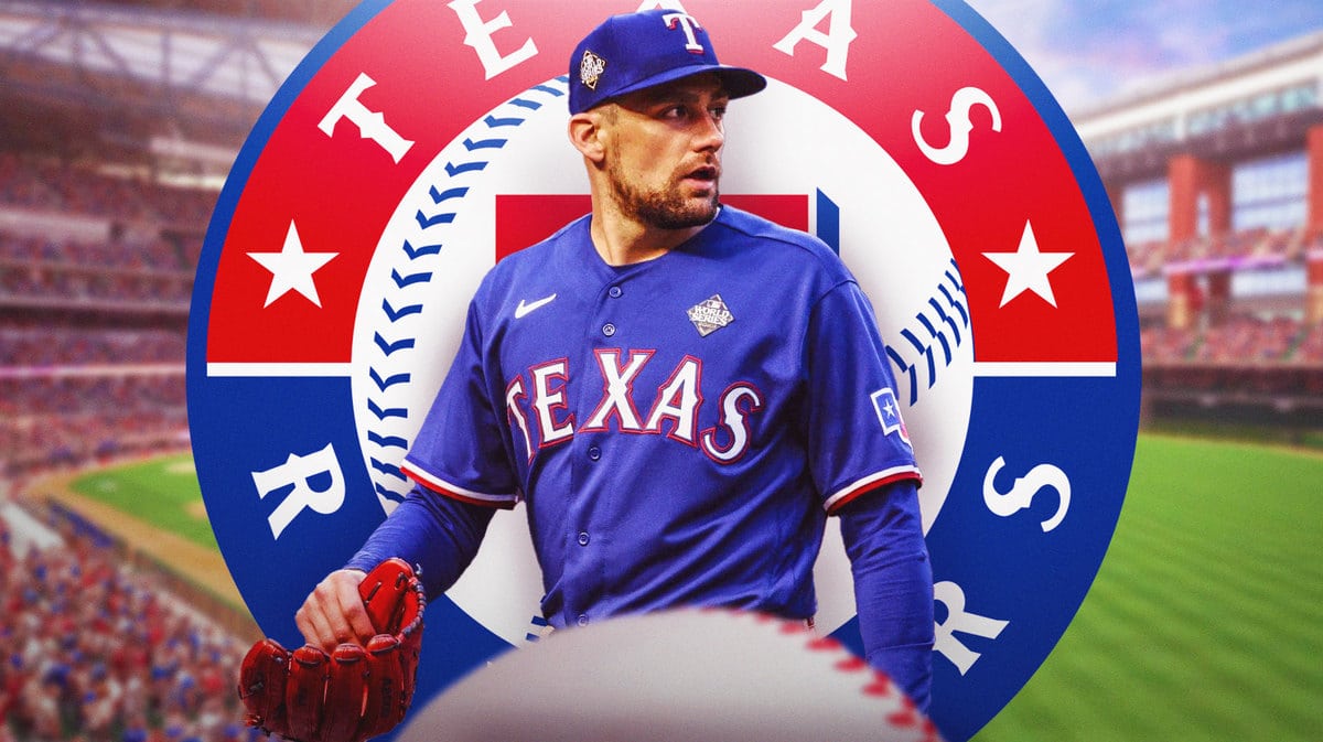Nathan Eovaldi looking intense with the Rangers logo in the background