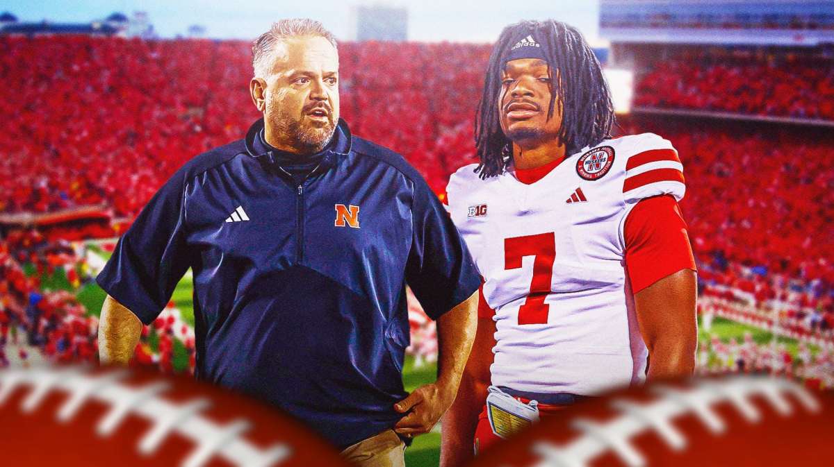 Nebraska football, Cornhuskers, Matt Rhule, Jeff Sims, Jeff Sims Nebraska, Matt Rhule and Jeff Sims (in Nebraska uni) with Nebraska football stadium in the background