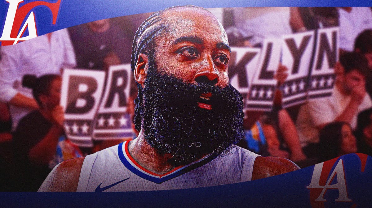 James Harden of the Clippers with Nets crowd/fans in the background