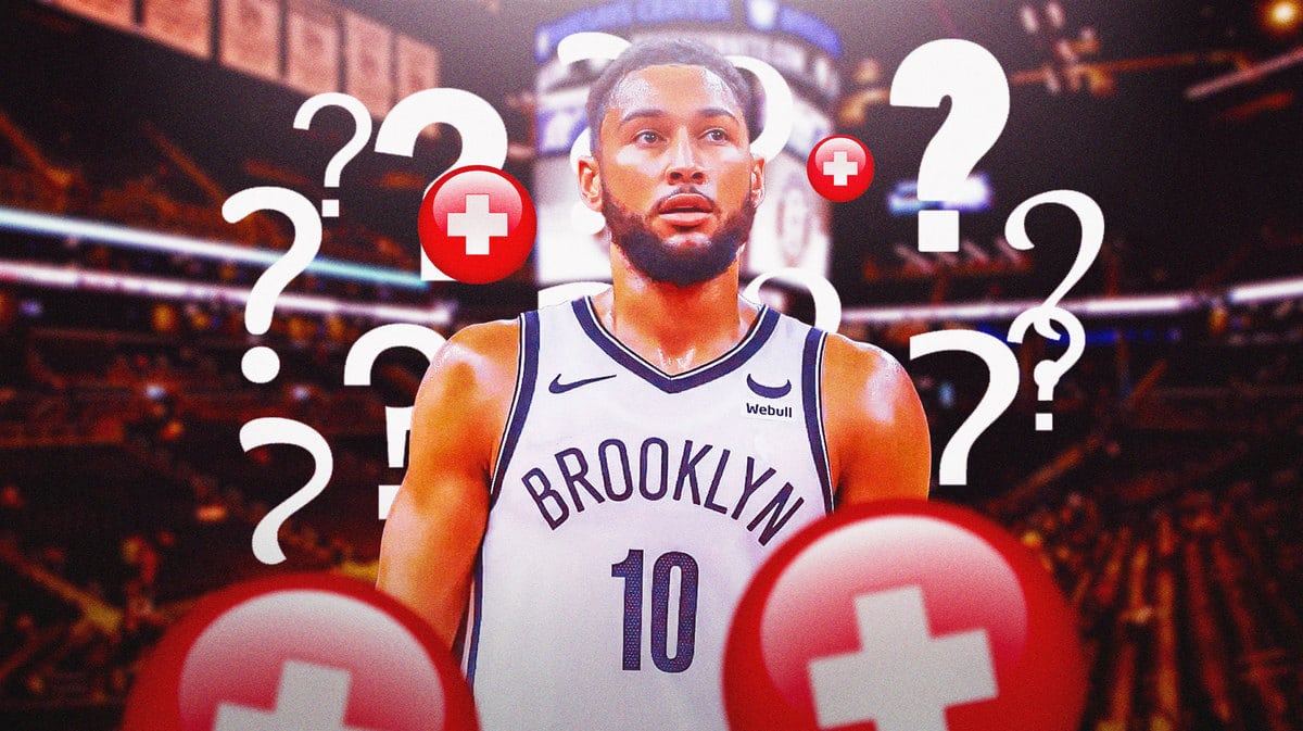 Ben Simmons with question marks and red medical symbol around him