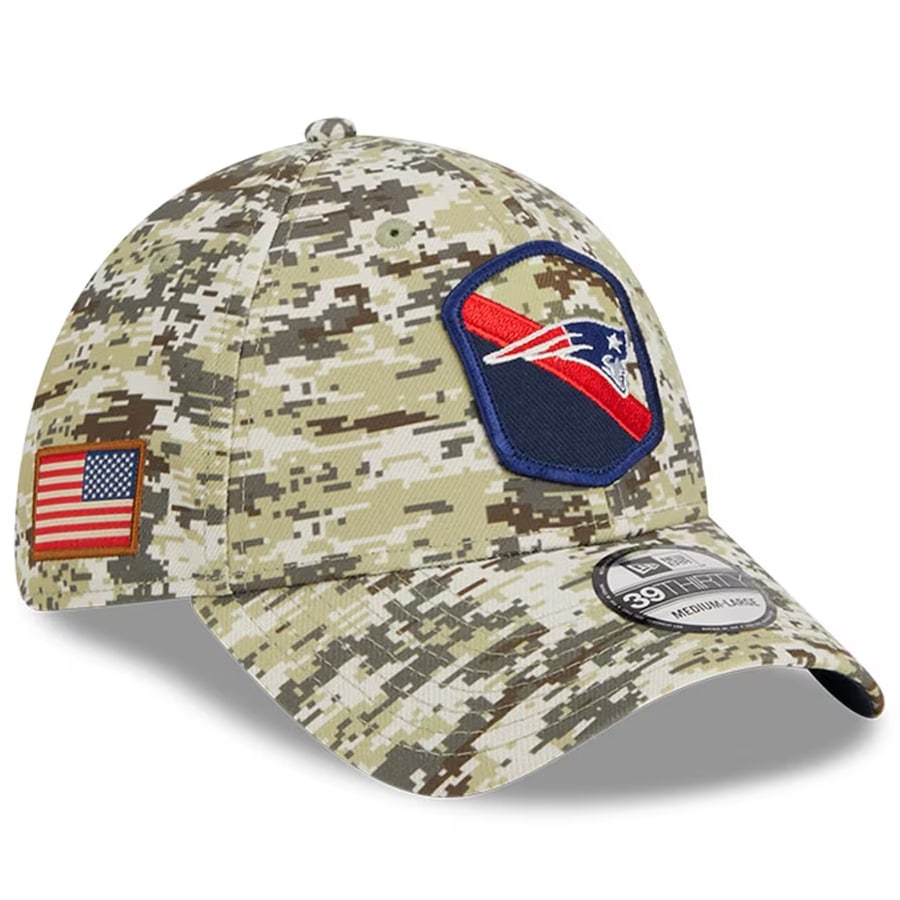 New England Patriots New Era 2023 Salute To Service 39THIRTY Flex Hat - Camo colorway on a white background.