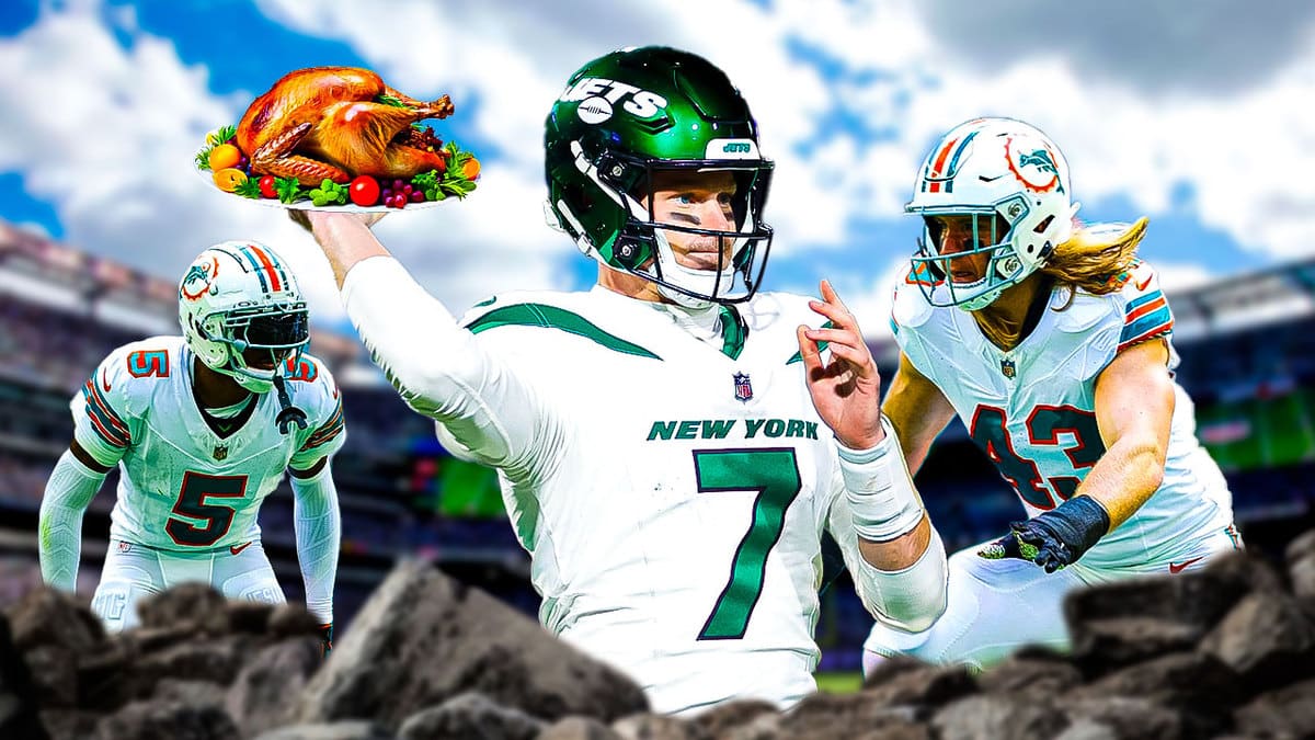 Tim Boyle throwing a turkey instead of a football for Black Friday game, Dolphins defenders closing in on him at MetLife Stadium.