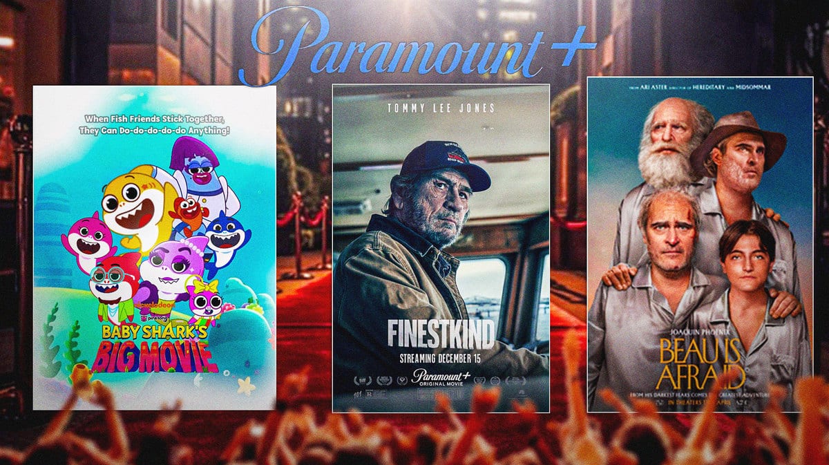 Poster art for Baby Shark's Big Movie, Finestkind, and Beau is Afraid, all new to streaming on Paramount+ in December