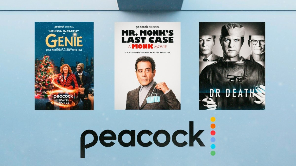 Poster art for the new Peacock originals Genie, Mr. Monk's Last Case, and Dr. Death